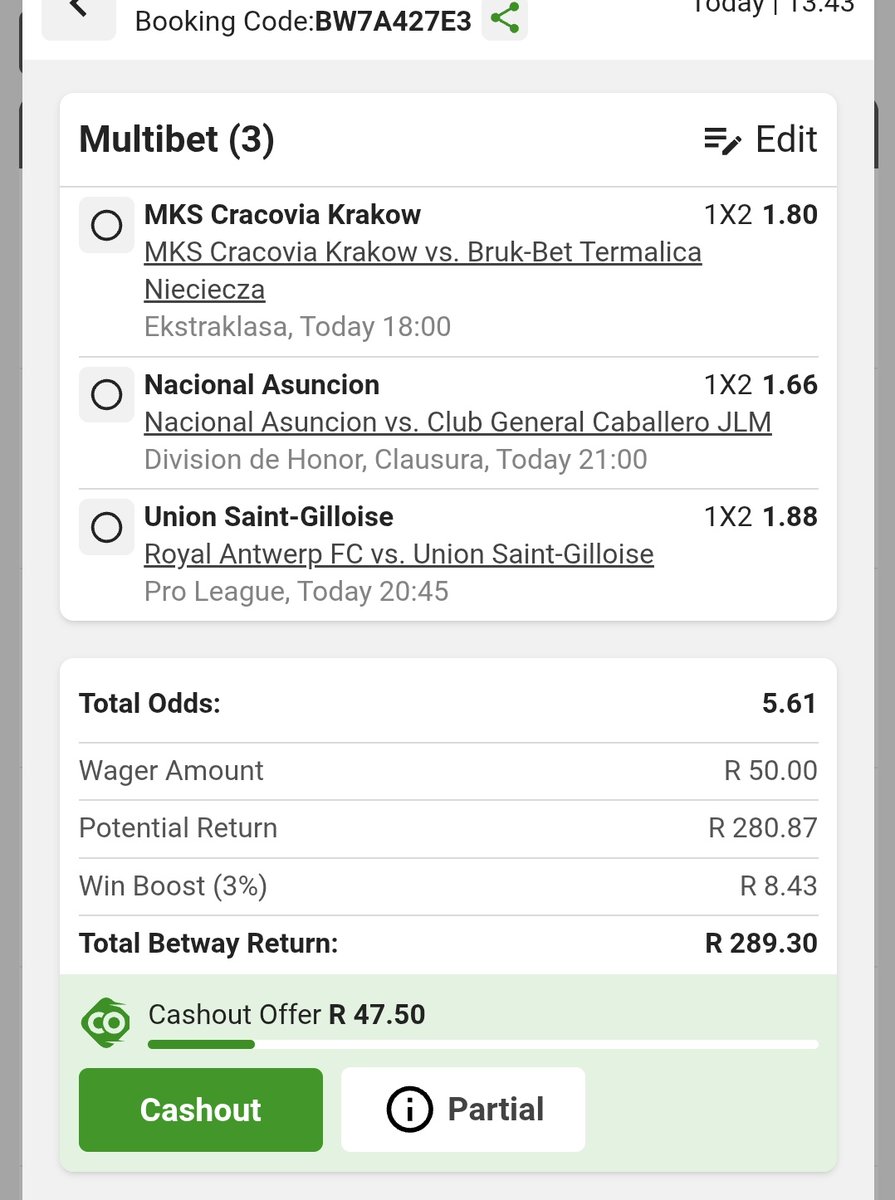 JasonHeneke's tweet image. My 1st attempt to turn R50 into 5k in 3 days
I just placed a bet with Betway. Tap here to copy my bet or search for this booking code in the Multi Bet betslip BW7A427E3 new.betway.co.za/?bookingCode=B…