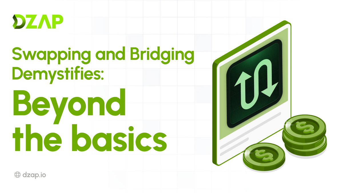 dzap_io's tweet image. Swapping and bridging are often used interchangeably, but they serve fundamentally different purposes and operate under distinct architectures.
Swapping refers to the exchange of one token for another within the same blockchain. This typically occurs via decentralized exchanges…