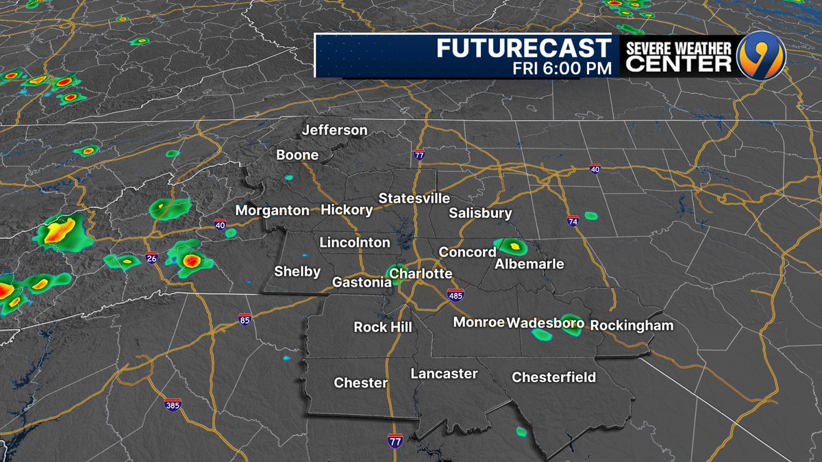 kmondayWSOC9's tweet image. There's very little chance for rain to cool us down today. Most areas will miss out on rain, but can't rule out a small brief downpour late day (best chances are in the mountains.)
The very low chance remains heading through the weekend.