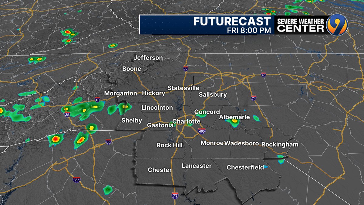 kmondayWSOC9's tweet image. There's very little chance for rain to cool us down today. Most areas will miss out on rain, but can't rule out a small brief downpour late day (best chances are in the mountains.)
The very low chance remains heading through the weekend.