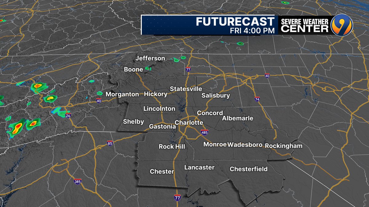 kmondayWSOC9's tweet image. There's very little chance for rain to cool us down today. Most areas will miss out on rain, but can't rule out a small brief downpour late day (best chances are in the mountains.)
The very low chance remains heading through the weekend.