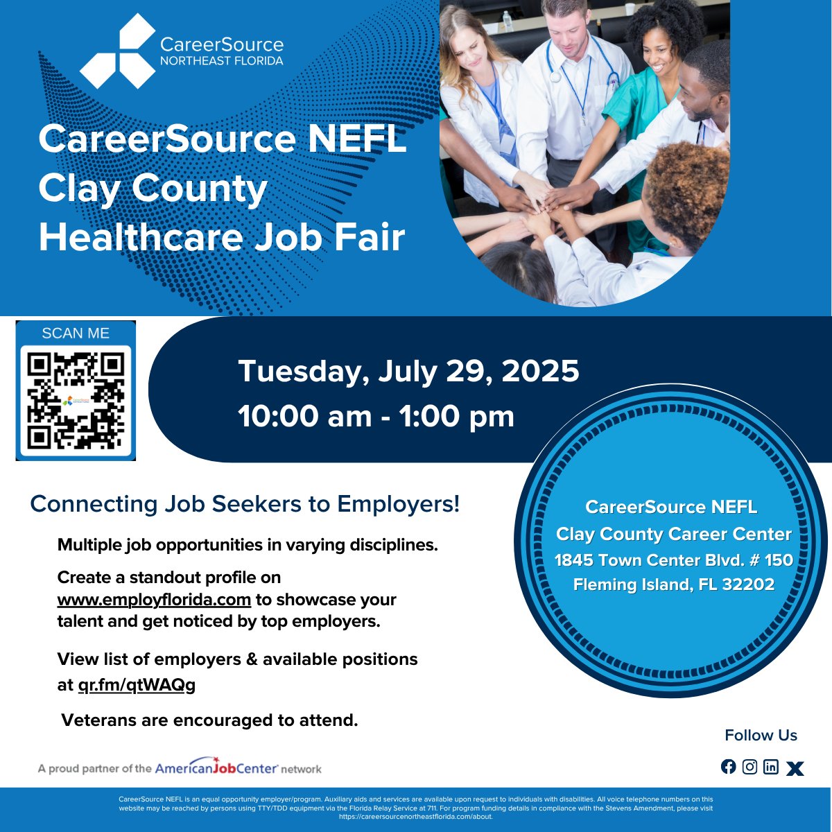 CareerSourceNEF's tweet image. CSNEFL is hosting a Clay County Healthcare Job Fair
Date: July 29, 2025
Time: 10:00 am - 1:00 pm  
View list of employers &amp;amp; available positions at qr.fm/qtWAQg
#jobseekers #jaxjobs #cityofjax #jacksonvillefloridas #careersourcenefl
