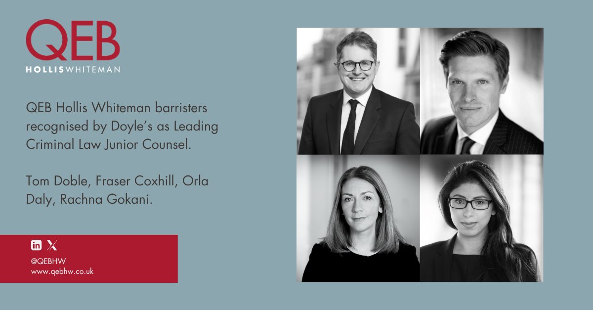 QEBHW's tweet image. QEB Hollis Whiteman is recognised in the latest Doyle's Guide to the UK Legal Market – Leading Criminal Law Counsel, London 2025, with members ranked across both King’s Counsel and junior counsel categories.