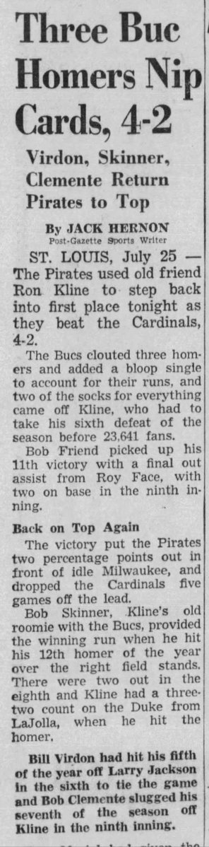 Jimmy T (@jimmytrdinich) on Twitter photo On this date in 1960, Bill Virdon, Bob Skinner and Roberto Clemente all homered in a 4-2 <a href="/Pirates/">Pittsburgh Pirates</a> victory in St. Louis. Bob Friend pitched 8.2 innings for the win and Elroy Face retired the only batter he faced with two runners on base. On this date in 1960, Bill Virdon, Bob Skinner and Roberto Clemente all homered in a 4-2 <a href="/Pirates/">Pittsburgh Pirates</a> victory in St. Louis. Bob Friend pitched 8.2 innings for the win and Elroy Face retired the only batter he faced with two runners on base.
