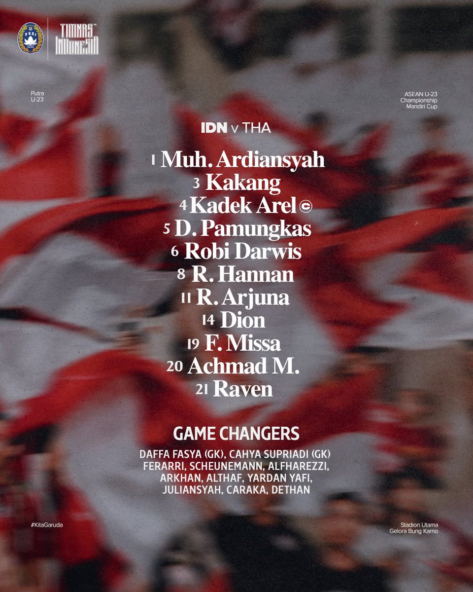 📋 | 𝟏𝟏 pertama 🦅 𝑣𝑠 🐘

Ardiansyah kembali di bawah mistar. Raven akan ditopang Achmad Maulana. 🔮 

‣ #KitaGaruda ‣ #TimnasDay