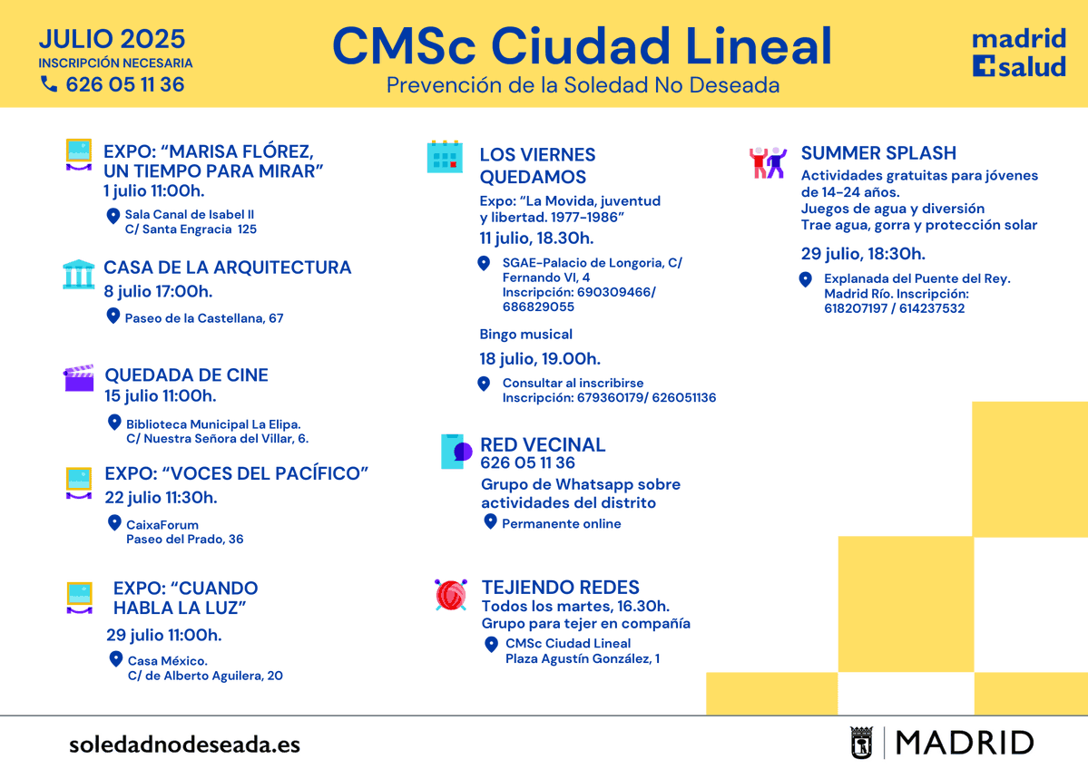 JMDCiudadLineal's tweet image. 📌Te recordamos las actividades de julio para combatir la soledad no deseada desde el CMSc de #CiudadLineal de @madridsalud
✨Exposición 'Cuando habla la luz'
😎Juegos de agua
Inscripción📞626051136
soledadnodeseada.es