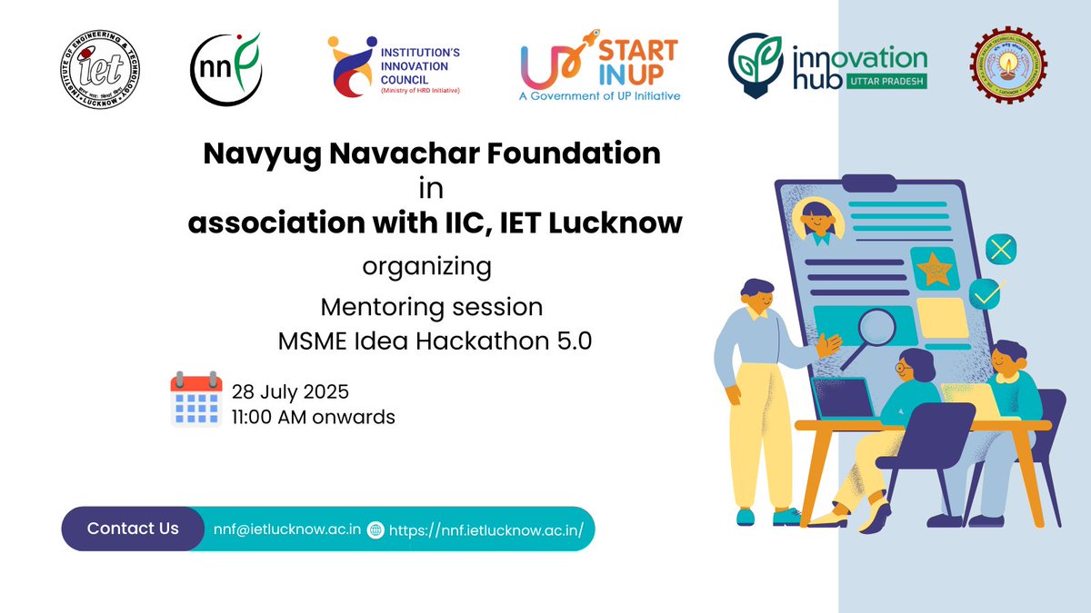 Navyug Navachar Foundation, IET Lucknow (@nnfiet) on Twitter photo NNF, organizing a mentorship session for innovators of <a href="/iet_lucknow/">Institute of Engineering and Technology, Lucknow</a> to guide them in applying for MSME Idea Hackathon 5.0
The session aims to support innovative ideas and help participants align their proposals with the objectives of the hackathon
<a href="/ErAshishSPatel/">Ashish Patel</a> <a href="/Vineetkansal2/">Prof. Vineet Kansal</a> NNF, organizing a mentorship session for innovators of <a href="/iet_lucknow/">Institute of Engineering and Technology, Lucknow</a> to guide them in applying for MSME Idea Hackathon 5.0
The session aims to support innovative ideas and help participants align their proposals with the objectives of the hackathon
<a href="/ErAshishSPatel/">Ashish Patel</a> <a href="/Vineetkansal2/">Prof. Vineet Kansal</a>