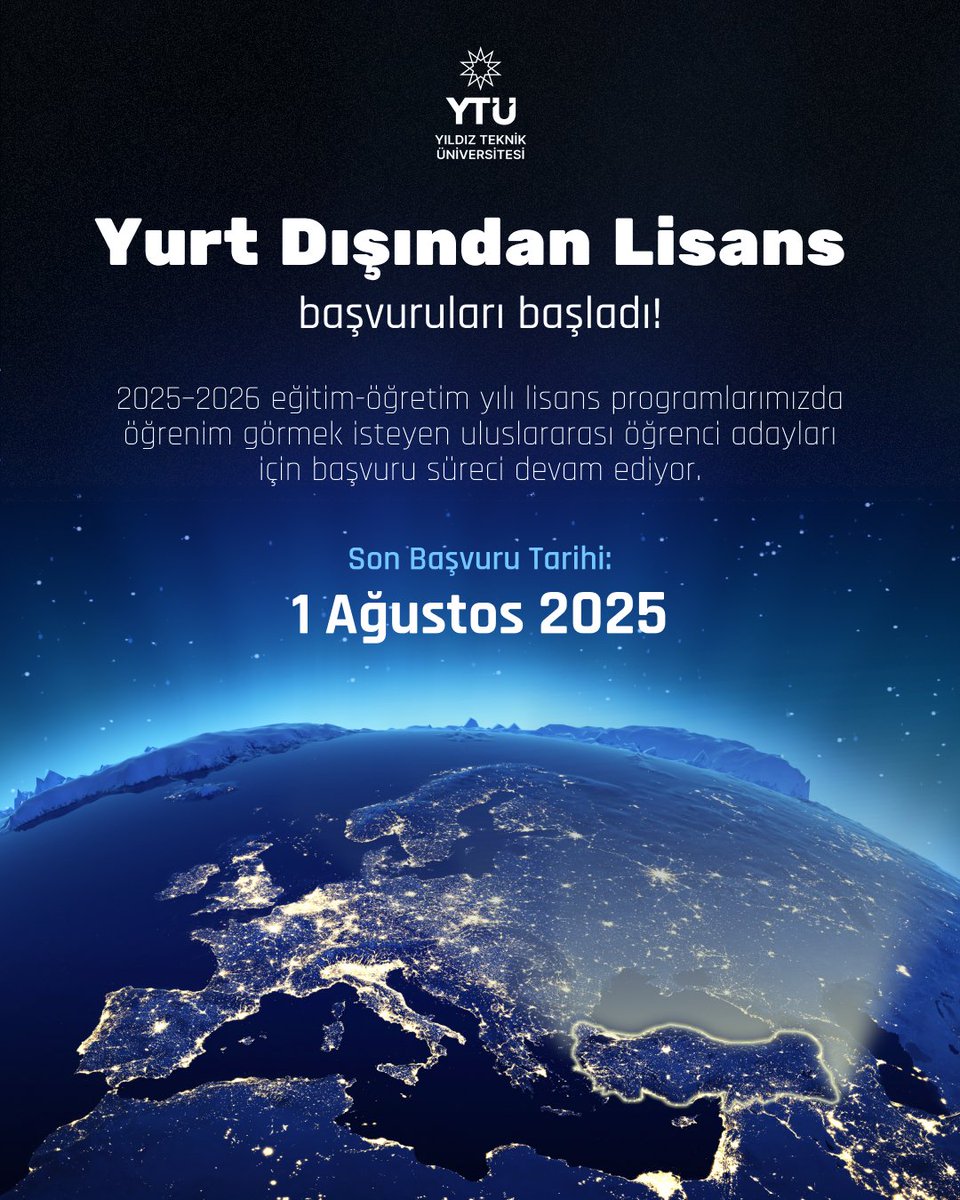 YildizEdu's tweet image. Yurt Dışından Lisans Başvuruları 1 Ağustos’ta Sona Erecek
2025–2026 eğitim-öğretim yılı lisans programlarımızda öğrenim görmek isteyen uluslararası öğrenci adayları için başvuru süreci devam ediyor.
🔍 Kabul Koşulları:
▪ Üniversitemizde Yabancı Uyruklu Öğrenci Sınavı (YÖS)…