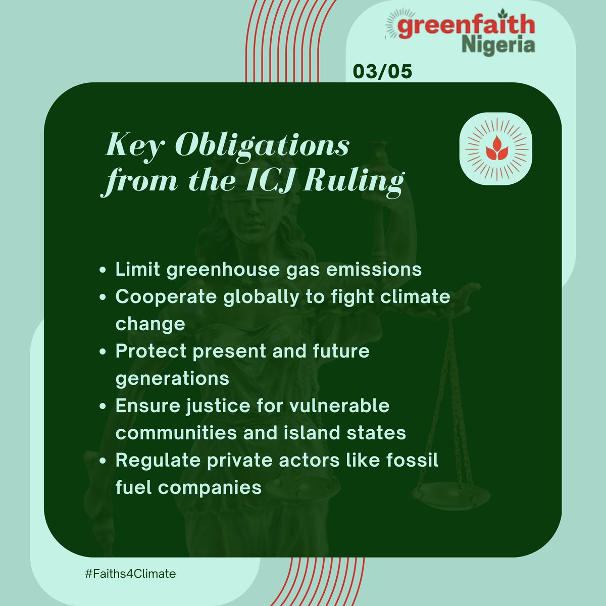 History has been made. The International Court of Justice has declared climate protection a legal obligation for all nations.
This is more than a court ruling, it’s a global call to accountability.
As GreenFaith, we believe this legal breakthrough strengthens what #Faiths4Climate