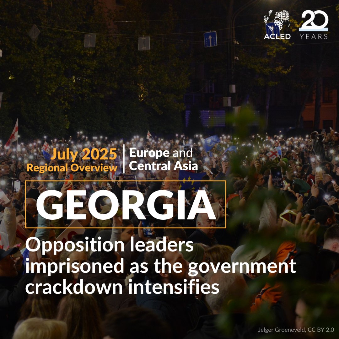 ACLEDINFO's tweet image. #Georgia’s ruling party escalated its crackdown in June, jailing 6 opposition leaders for refusing to testify before a commission probing the UNM government (2004–2012). Since Dec, it has curbed assembly rights & expelled opposition members of parliament: acleddata.com/2025/07/04/eur…
