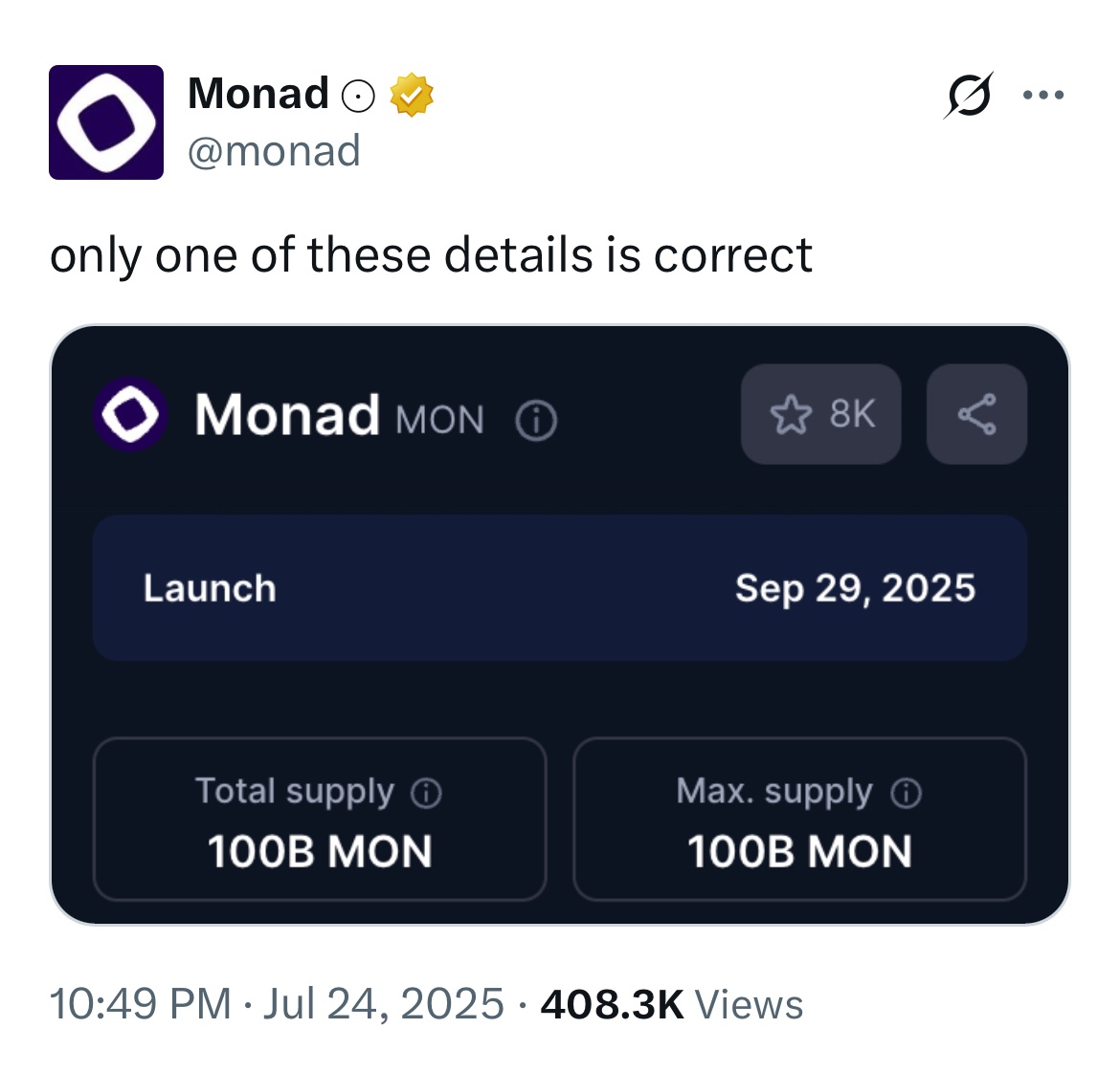 MonadLaunch's tweet image. Monad Mainnet in this September!
It’s going to be a big year 👀
Need MON to qualify for the airdrop?
Drop your wallet address below.