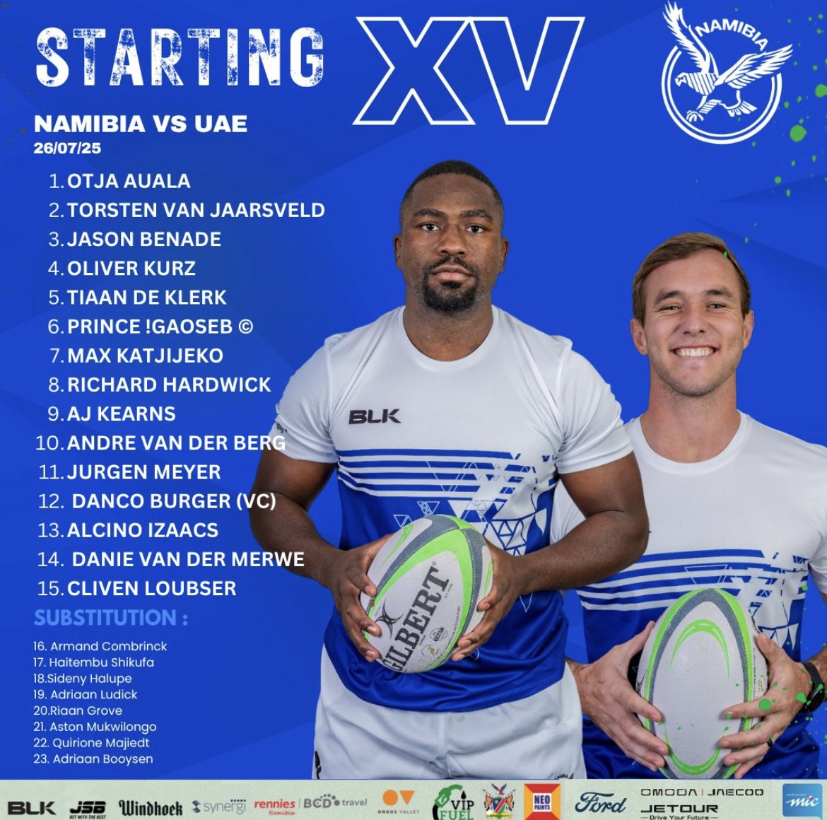 DBwaha's tweet image. Namibia Rugby has named their squad for tomorrow’s Asia/Africa playoff taking place at Namboole Stadium at 3:00pm EAT.
Remarks from the coach ahead of the game: instagram.com/reel/DMh26Dvol…
#NamibiaVsUAE #AfricaRugbyWithDenise #Namibia #rugby