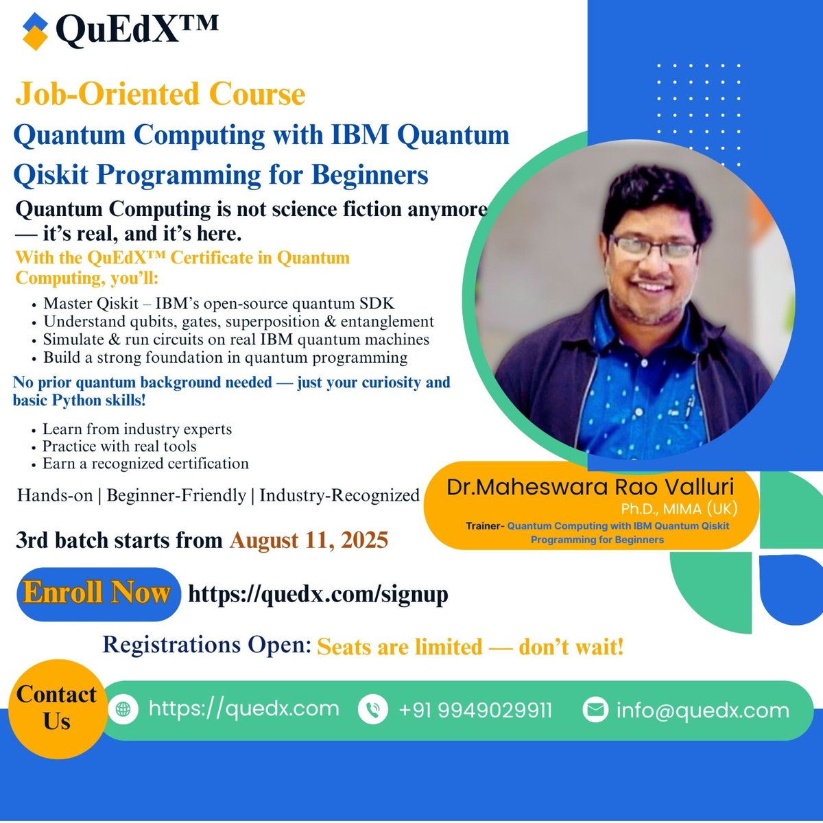 QuEdX_TC's tweet image. ๐ Learn Quantum Computing with IBM Qiskit โ no background needed!
๐ Beginner-friendly | Hands-on | Certified
๐๏ธ 3rd batch starts Aug 11, 2025
๐ Enroll now: quedx.com/signup
#QuantumComputing #Qiskit #QuEdX #FutureSkills #STEM #upskill
