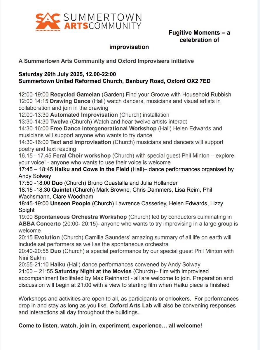 OX_Improvisers's tweet image. This is going to be a tremendous day of participation and exploration. 

Fugitive Moments - A Celebration of Improvisation.
Saturday 26th July. 
All afternoon and evening.

Have a look at this programme: