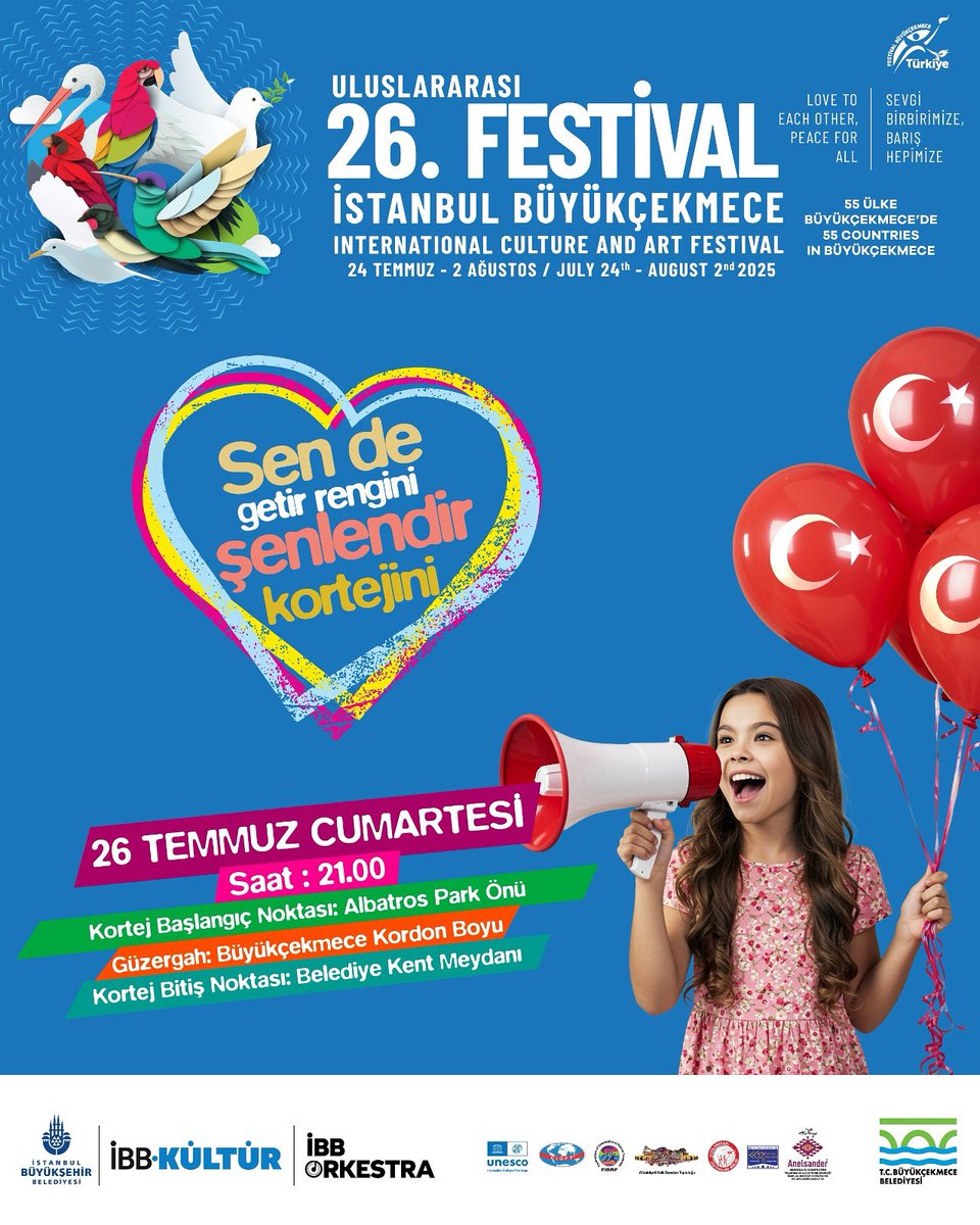 Büyükçekmece Sokakları Karnaval Coşkusuyla Renkleniyor!

Dünyanın dört bir yanından kentimize gelen kültür elçileri, sanatçılar ve on binlerce Büyükçekmecelinin katılımıyla; 26. Uluslararası İstanbul Büyükçekmece Kültür ve Sanat Festivali kapsamında gelenekselleşen kortej