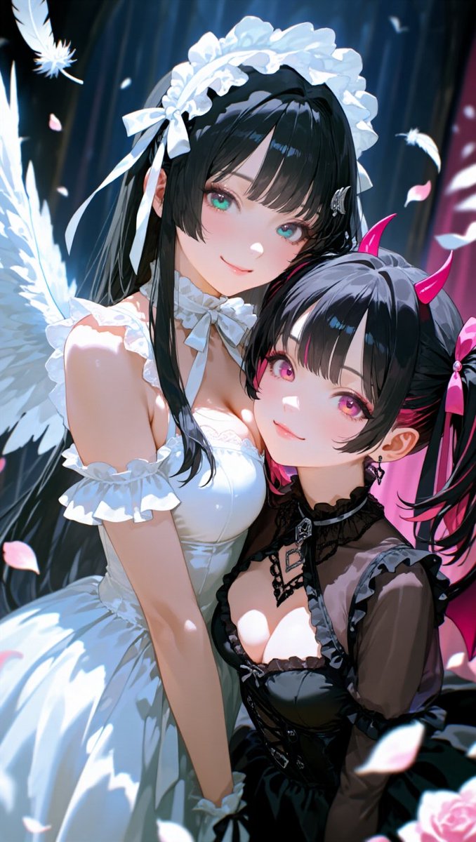 AI_lenekros's tweet image. うちのこ紹介します🙋
左がノア👼🏻 右がロア😈
天使と悪魔の対比的な姉妹です🥰
#AIイラスト
#AIart
#AIイラスト好きさんと繋がりたい