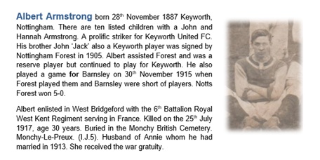 WW1BWFC's tweet image. Albert Armstrong
Royal West Kent Regiment
Killed 25th July 1917 France
Footballer Keyworth, Notts Forest, Barnsley