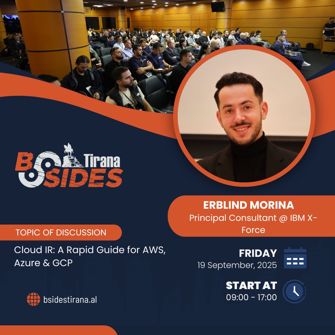 We’re excited to have Erblind Morina, Principal Consultant at IBM X-Force on the 19th of September!

Erblind has 7 years of experience in Security Operations, specialising in Incident Response and Threat Intelligence.

#BSidesTirana #BSides #speakers
1/4