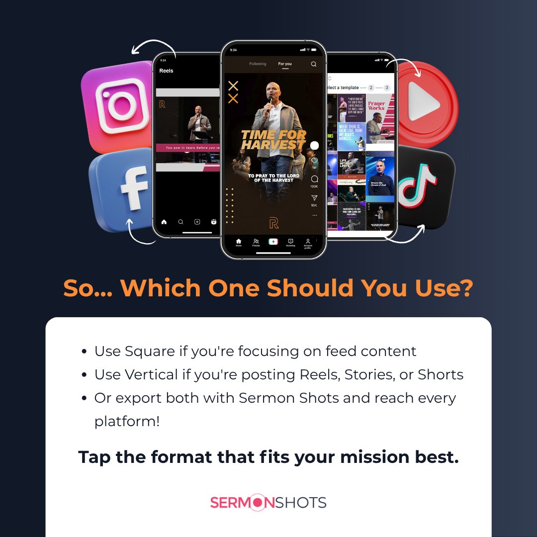 SermonShots's tweet image. 🎬 Not all sermon clips are the same. Square (1:1) works best for feed posts on IG & FB with clean visuals. Vertical (9:16) is perfect for Reels, Stories, Shorts & TikTok to engage younger viewers. Use Sermon Shots to export both formats and reach wider audiences.
#SermonShots