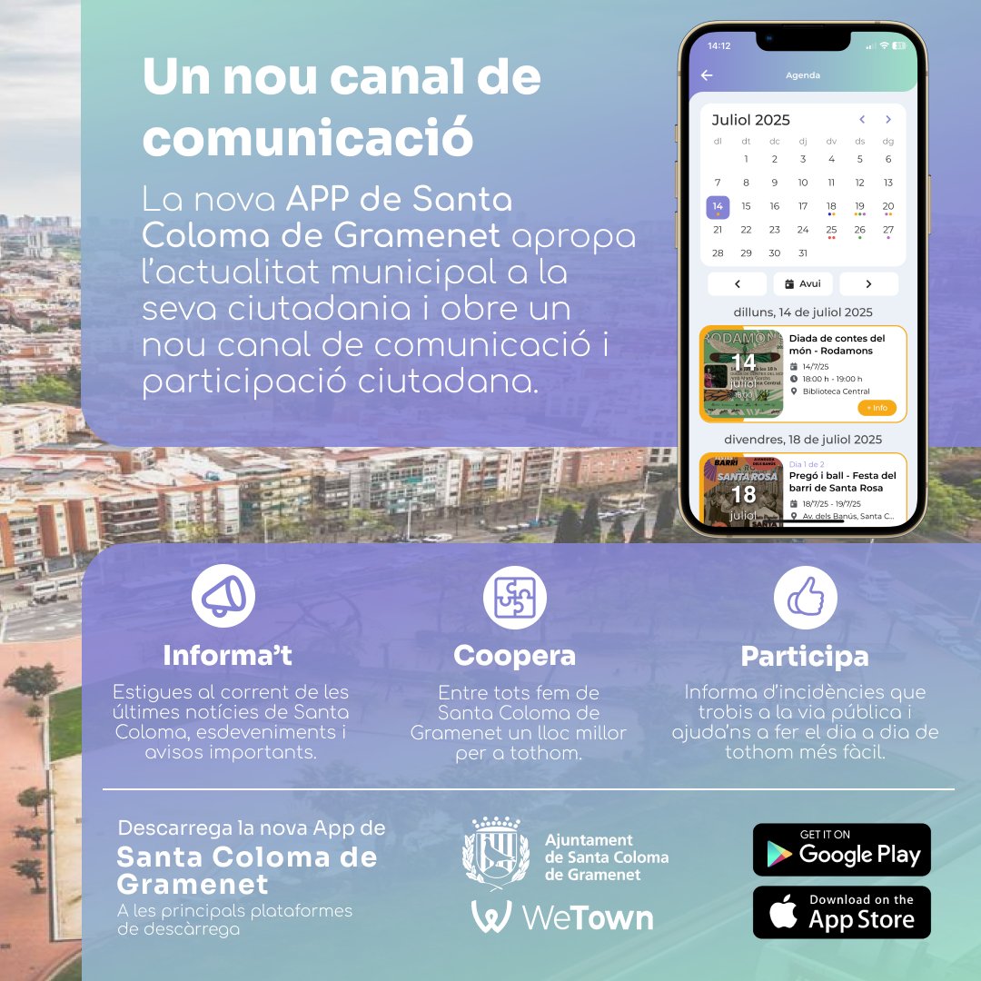 scgramenet's tweet image. Ja us heu descarregat la nova app de Santa Coloma?
Doncs afanyeu-vos, entreu a gramenet.cat/ciutat/aplicac…
per descarregar-la
Hi trobareu la programació de la Festa Major d'Estiu 2025