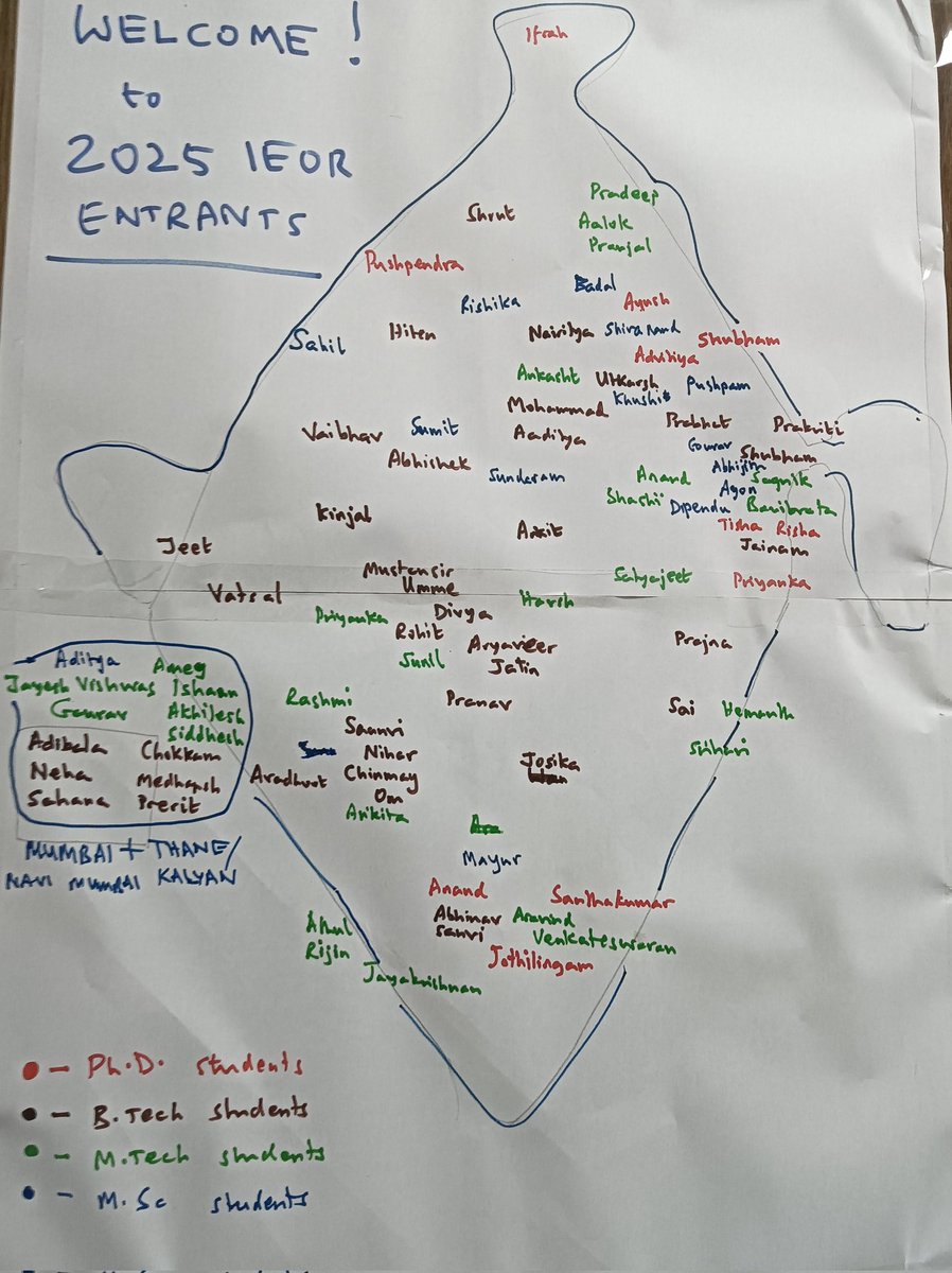 NarayanRangaraj's tweet image. Hand drawn schematic map of where in India our 102 students in the IEOR department have come from, this year.  Good spread, just in this one batch and reflects the diversity that our country has to offer.  Glad that IIT Bombay is able to be host to students from all over.