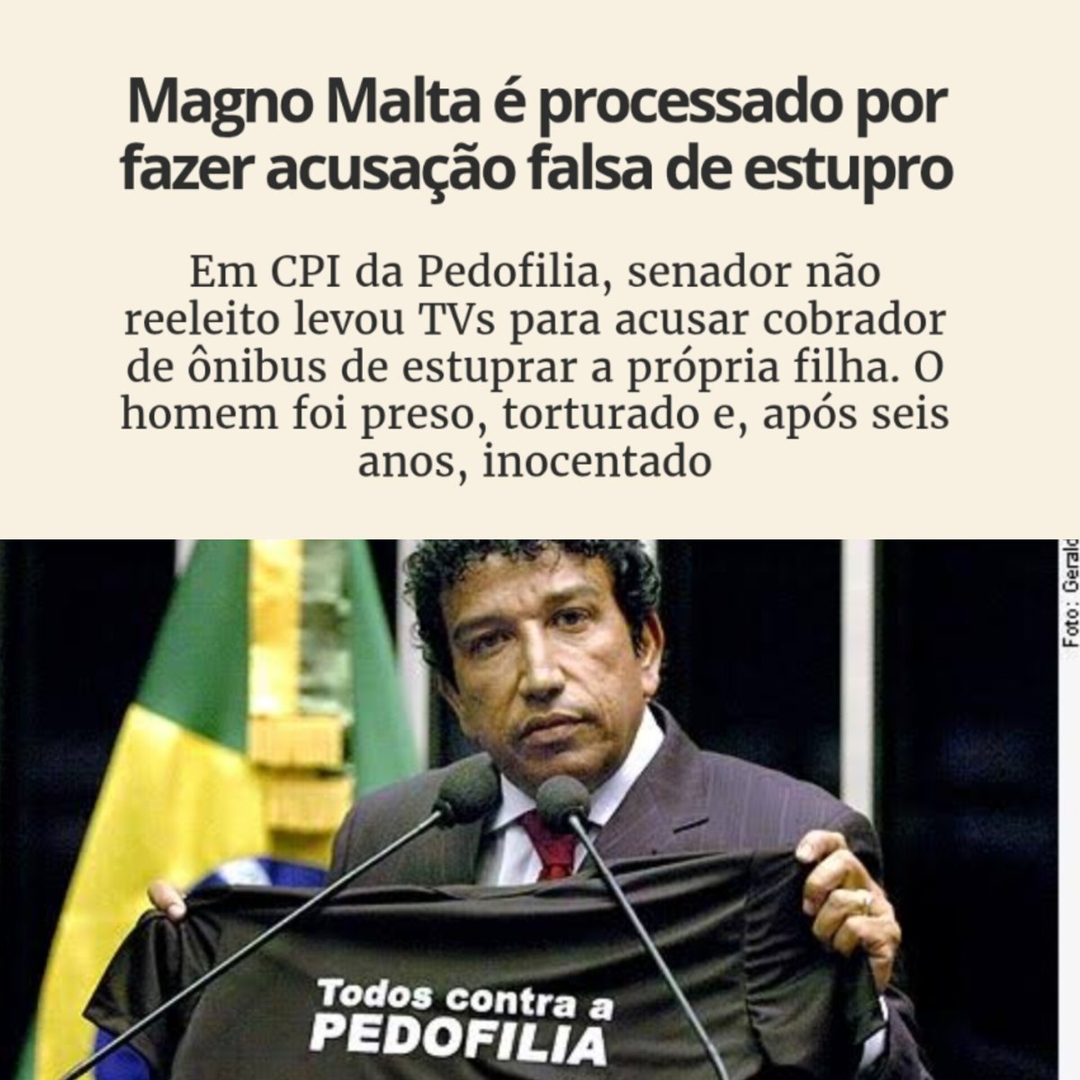 Gustavramski_'s tweet image. Em 2010 um homem quase morreu na prisão pq o @MagnoMalta o acusou falsamente d estupr4r uma criança.
Hoje, ironicamente , o senador está apoiando um pedófilo americano 🧐
