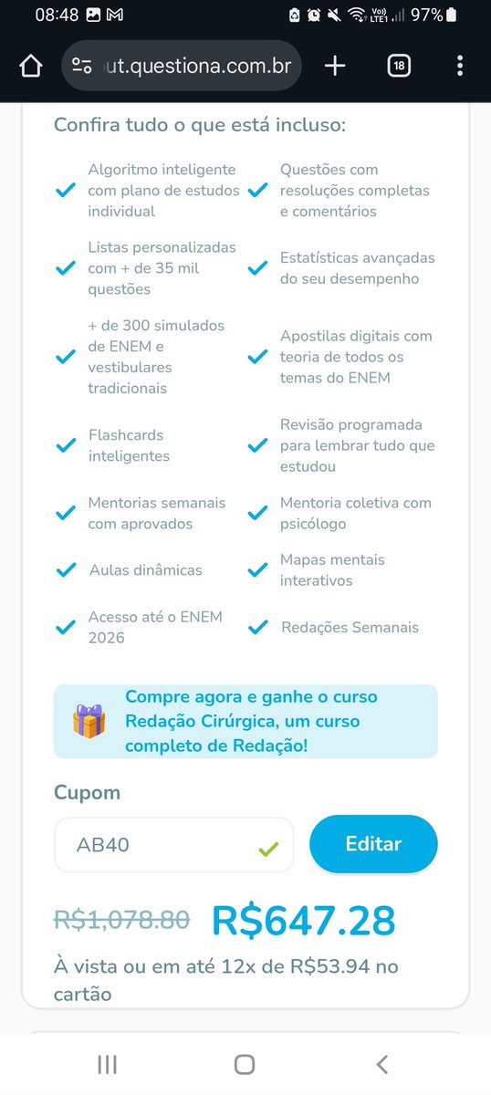 studymedab's tweet image. Completando o 3° período de medicina em uma federal e sempre vou indicar a plataforma que utilizei para conseguir chegar aonde estou!

Até 31/07 o cupom AB40 está dando 40% de desconto nos planos de 6 meses e do ENEM 2026 no hospital questiona.