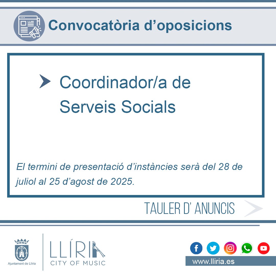 📋 L'Ajuntament de Llíria ha convocat el procés per a la provisió definitiva d'una plaça de Coordinador/a de Serveis Socials.
📝El termini de presentació de sol·licituds estarà obert del 28 de juliol al 25 d'agost de 2025, els dos inclusivament👉 tinyurl.com/epbjnh67