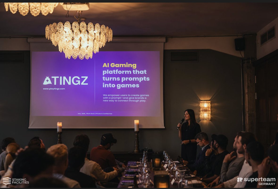 One of Germany’s hottest startups🔥

Pitched <a href="/play_tingz/">play_tingz</a> at the <a href="/SuperteamDE/">Superteam Germany</a> &amp; <a href="/StakingFac/">Staking Facilities</a> founder &amp; investor dinner this week -AI-powered, gamified engagement.

Loved the energy in the room and the real conversations about what we’re building.

Berlin, this is just the start