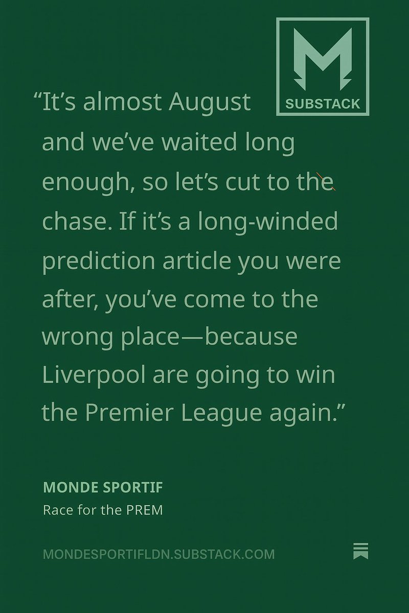MONDE SPORTIF (@mondesportifldn) on Twitter photo Itโs #PremierLeague prediction timeโฆ
<a href="/alexleboxe/">โถโโบโ๐
๐
โทโโโบ</a> cuts to the chase ๐
Please โปโโโโโ our #Substack in the link below
#LFC | #AFC | #CFC | #MCFC
โโพโโ
open.substack.com/pub/mondesportโฆ Itโs #PremierLeague prediction timeโฆ
<a href="/alexleboxe/">โถโโบโ๐
๐
โทโโโบ</a> cuts to the chase ๐
Please โปโโโโโ our #Substack in the link below
#LFC | #AFC | #CFC | #MCFC
โโพโโ
open.substack.com/pub/mondesportโฆ