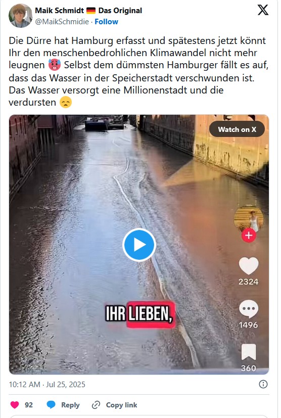 sub_par_me's tweet image. Irre Klimafantiker?! In ganz 🇩🇪regnet es aber sie bringen Aufnahmen von Sturmbedingter leeren Kanäle in HH und behaupten sie verdursten. Sind die Bilder vlt. von 2022 o. 2023? @MaikSchmidie Ich hoffe auf Intelligenz und es ist nur ein Witz!