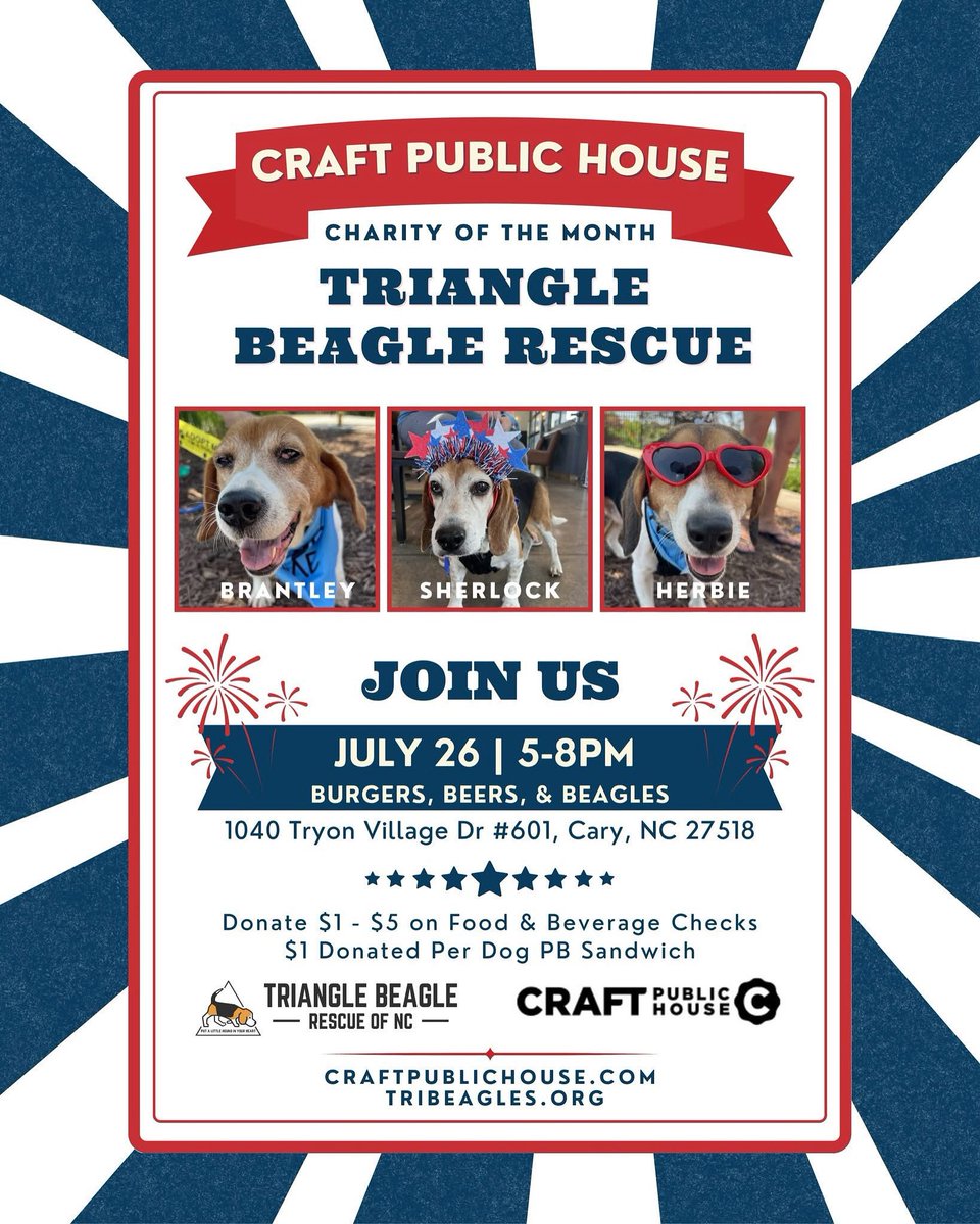 TriBeagles's tweet image. Join us Saturday, July 26 from 5 to 8 PM at Craft Public House in Cary for Burgers, Beers and Beagles. Enjoy food, drinks and beagle fun while supporting Triangle Beagle Rescue. Craft will match donations and give $1 per Peanut Butter Dog Sandwich sold!
