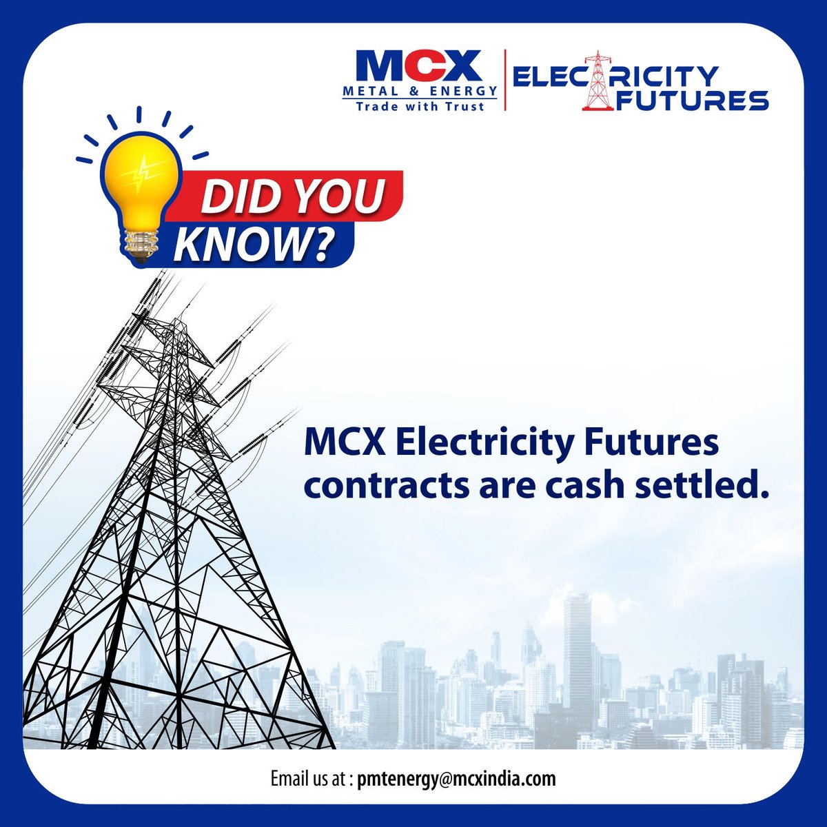 MCXIndialtd's tweet photo. MCX Electricity Futures provide a smart way to manage energy price risk

HEDGE ELECTRICITY PRICE RISK ON MCX!

#MCXIndia #ElectricityFutures #PowerTheChange #Hegde #TradewisewithMCX #TradeWithTrust #NextGenTrading #commodities #commodityderivatives #futurescontract https://t.co/Aj25pnXzhv