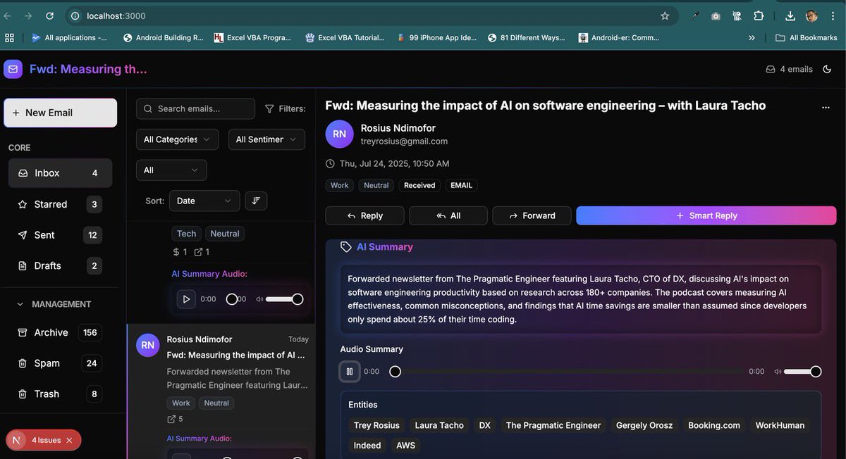 - Analyze email content and sender context to categorize response priority
- Classifying emails by urgency and intent
- Summarizing emails
- Running sentiment analysis on email content
- Draft a response based on the email and sender