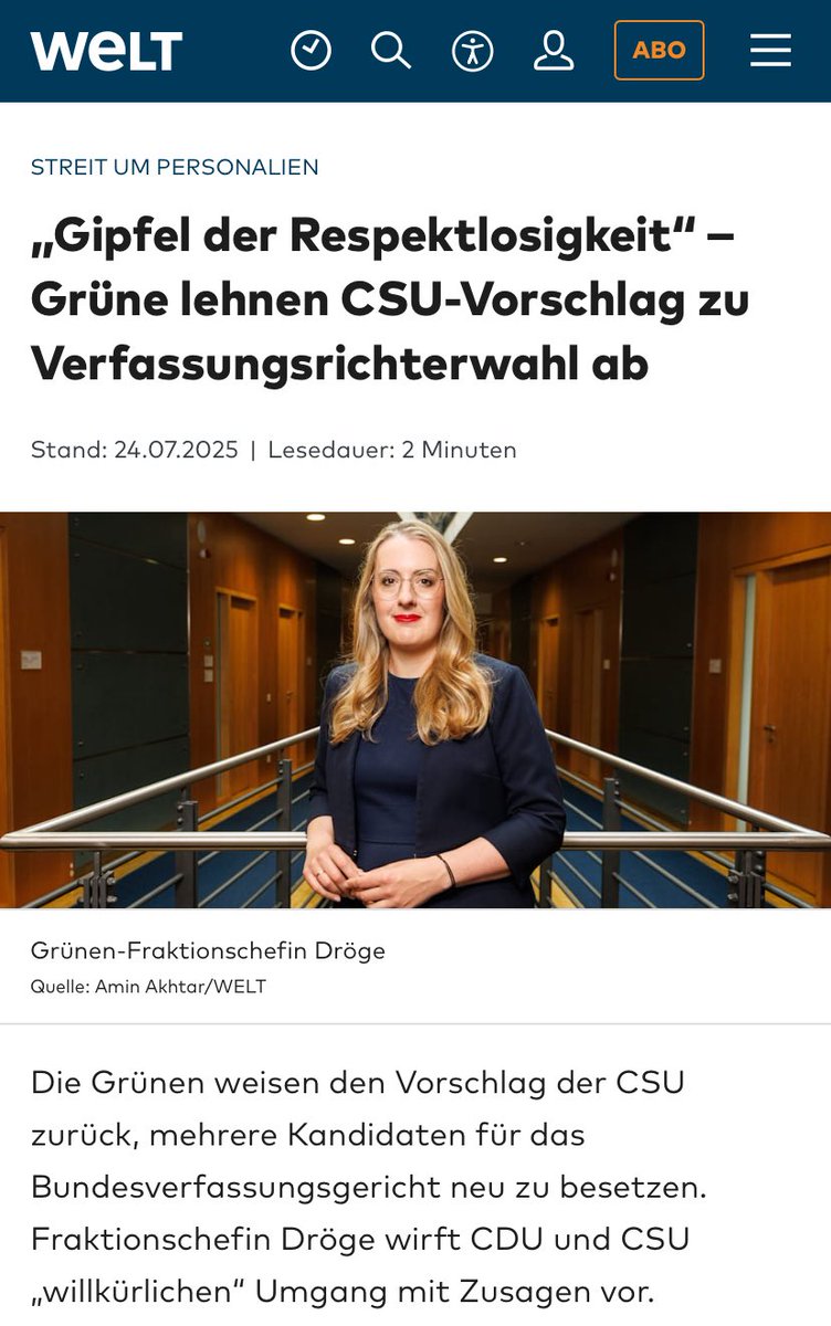 Die Union stellt nun alle Kandidaten für die Richterwahl infrage – trotz Zweidrittelmehrheit im Ausschuss.
Wo bleiben Anstand, Verlässlichkeit &amp; Respekt? Wer soll sich künftig noch zur Wahl stellen, wenn die Union ihre Zusagen willkürlich bricht?
Wir Grüne stehen zu unserem Wort.