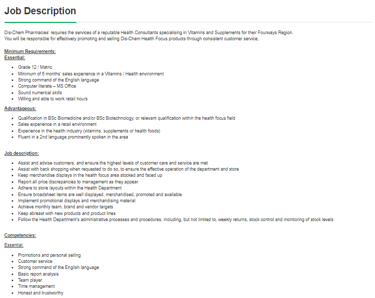HunterSpani's tweet image. Job Alert!!!
Company: Dis-Chem Pharmacies
Position: Health Consultant
Location: Johannesburg, Gauteng
Click here to apply: spanihunter.co.za/single-job/?id…
Closing Date: 31 July 2025
Please refer to the picture for more info