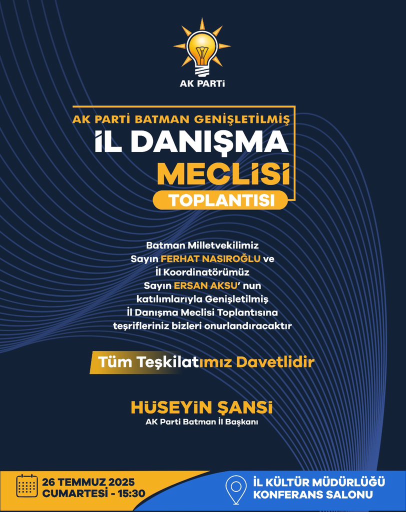 📣 Genişletilmiş İl Danışma Meclisi Toplantımız

📍 İl Kültür ve Turizm Müdürlüğü Konferans Salonu

📅 26 Temmuz 2025 Cumartesi
🕞 Saat 15.30

İl Koordinatörümüz Sn. Ersan Aksu ve Milletvekilimiz Sn. Ferhat Nasıroğlu’nun katılımlarıyla gerçekleştirilecek toplantımıza tüm teşkilat