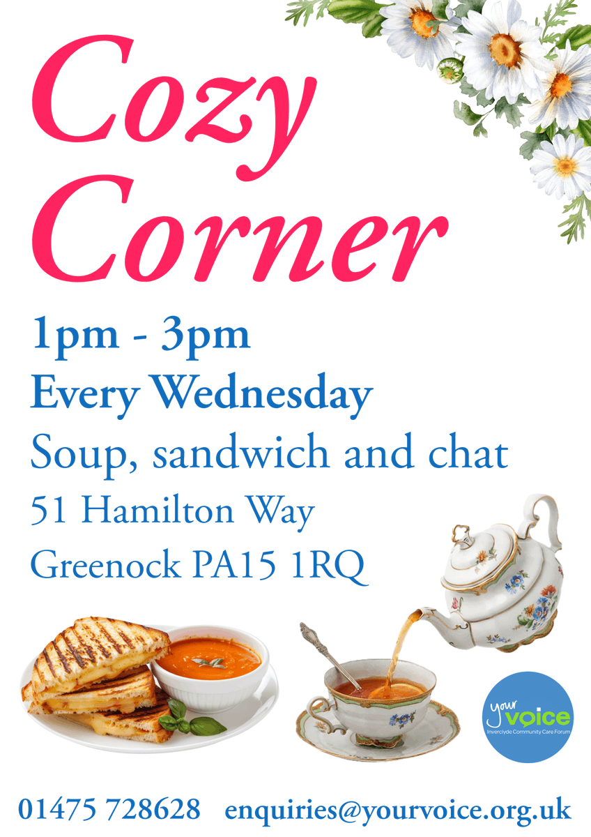 YourVoiceInver's tweet image. Join our new Cozy Corner group! Soup, sandwich and a chat in a safe and cozy environment 😊❤️
1pm - 3pm
Every Wednesday
51 Hamilton Way, Greenock PA15 1RQ
Donations welcome 😇
#group #tea #coffee #peersupport #greenock #inverclyde #yourvoice #community