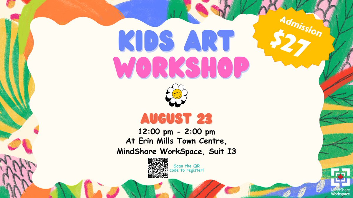 MindShareWork's tweet image. 🎨 Unleash your child’s creativity at our Kids Art Workshop – August 23 at MindShare Workspace!
🕛 12–2PM | 🎟️ $27 | 📍 Erin Mills Town Centre
📲 Scan the QR code to register!
#KidsArt #MississaugaEvents #MindShareWorkspace #FamilyFun @mindsharelearn @erinmillstown