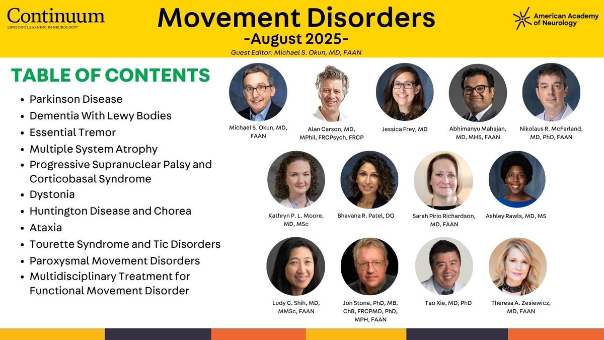 ContinuumAAN's tweet image. The next issue on Movement Disorders, guest edited by Dr. Michael Okun, publishes on August 1! @MichaelOkun @AlanCarson15 @AMahajanMD @DrRawlsMoveMD @KatiePMooreMD @ludyshihmd @jonstoneneuro @LyellJ @AANMember
#Neurology #MedEd #NeuroTwitter