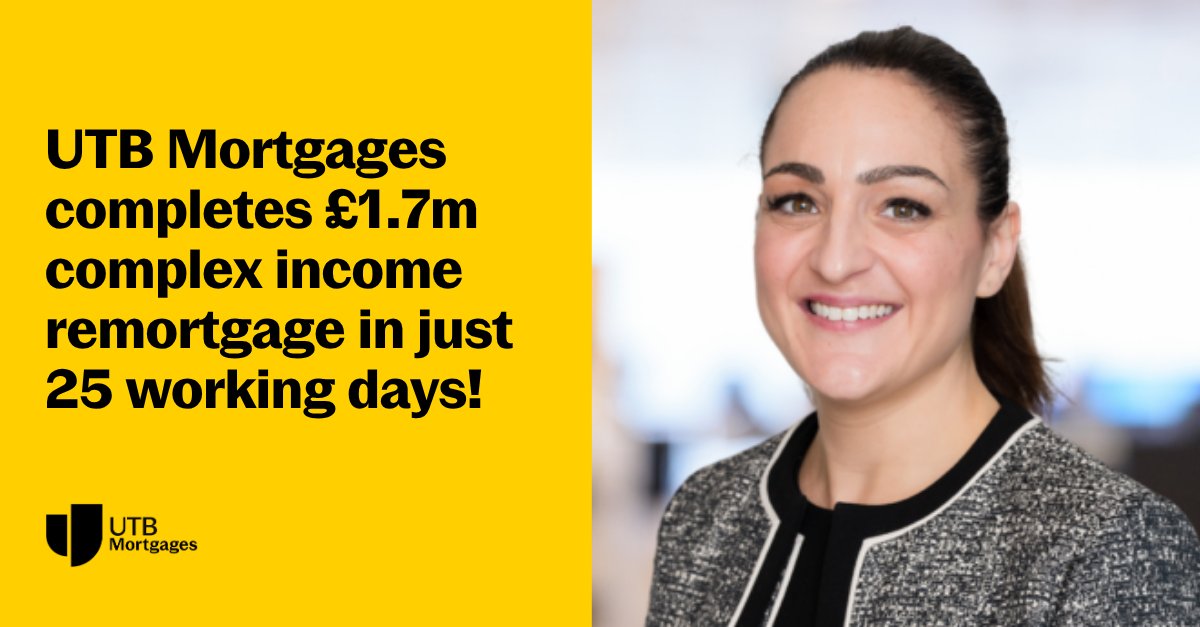 UTB Mortgages just completed a £1.7m remortgage for a complex income client in just 25 working days. Speed, flexibility, and specialist support—helping brokers deliver for their clients.

Learn more: ow.ly/AFyC50VSK6i

#SpecialistMortgages #PropertyFinance #UTB