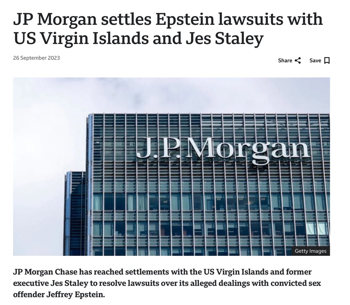 J.P. Morgan has paid out a combined $365 million to settle victims lawsuits over their facilitation of Epstein’s child sex trafficking ring. Just remember that the next time they try calling this a hoax.