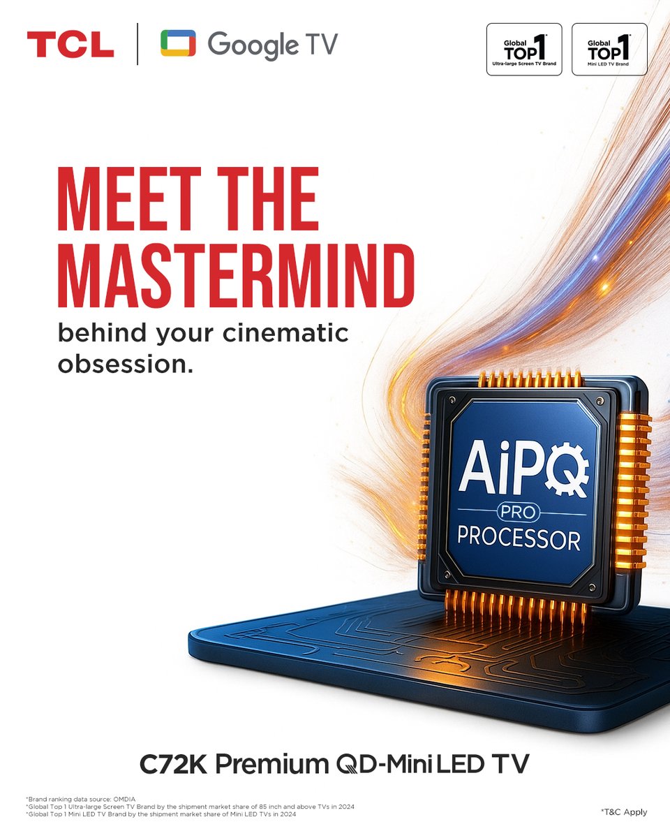 tcl_india's tweet photo. When your binge-watch feels like a blockbuster, thank the genius behind the screen.
Meet the AiPQ Pro Processor, the brain behind every breathtaking scene and every sharp frame.
#CinematicExperience #AiPoweredViewing #TCLIndia #PicturePerfect #TCLTech #NextGenTV https://t.co/W7nGLTbyOQ