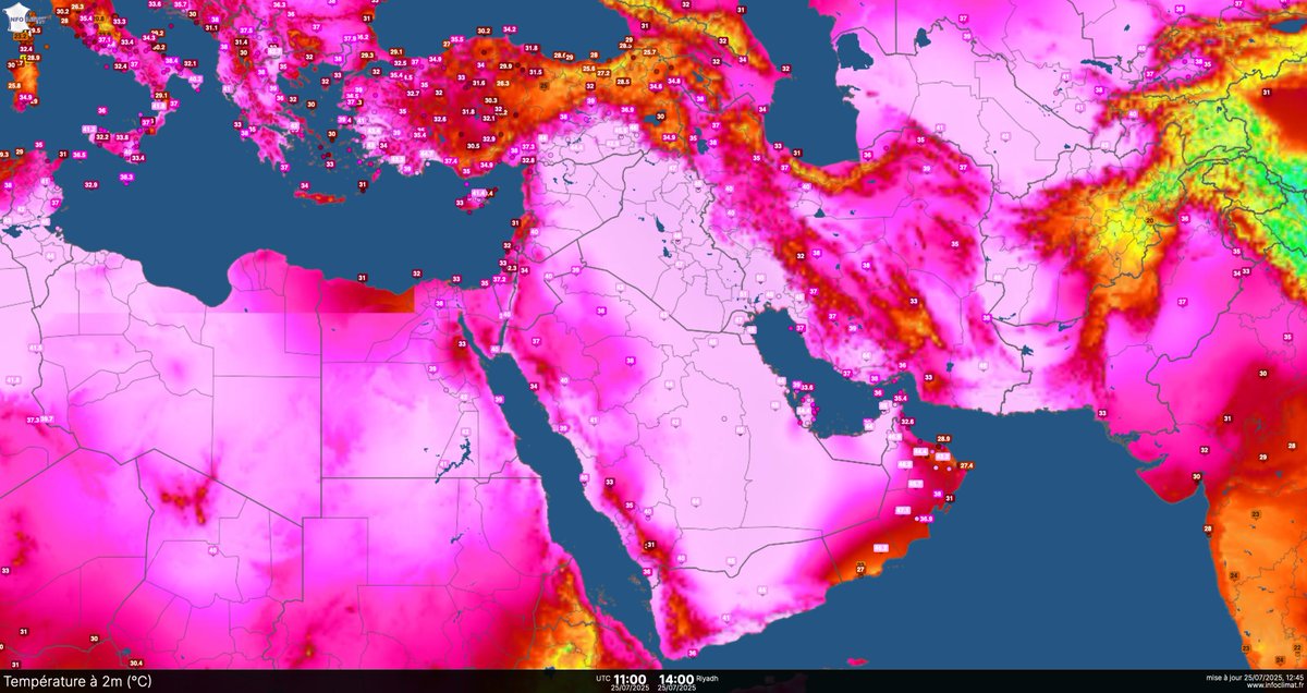Met4CastUK's tweet photo. Incredible levels of heat across the Middle East at the moment. 

Temperatures in Najaf, Iraq have reached 47ºC with temperatures widely exceeding the mid 40's. https://t.co/4iHe27EZ6H