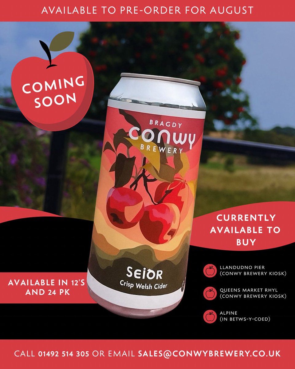 🍎 Seidr – Crisp Welsh Cider 🍏
Launching this August – pre-order now in 12s or 24s!
📩 sales@conwybrewery.co.uk | 📞 01492 314305
Already available at Llandudno Pier, Queen’s Market Rhyl, &amp; Alpine Betws-y-Coed 🍻 <a href="/BeersInCymru/">Beers In Cymru</a>