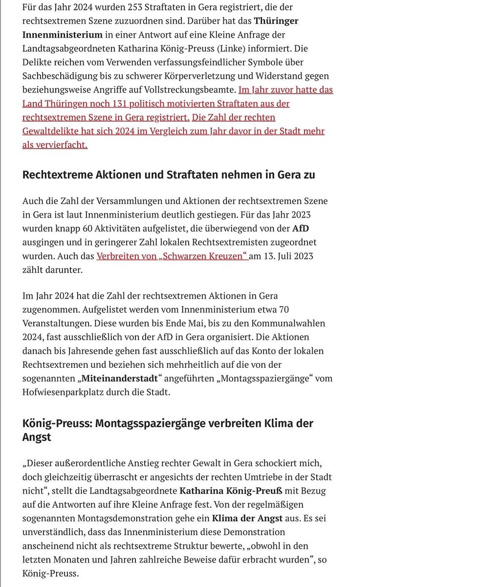 Schockierend! Gravierender Anstieg Rechter Gewalt in #Gera – Gera Schwerpunkt des Rechtsextremismus in #Thüringen 
Das Thüringer Innenministerium informiert: Für das Jahr 2024 wurden 253 Straftaten in Gera registriert, die der rechtsextremen Szene zuzuordnen sind. Im Jahr 1/2