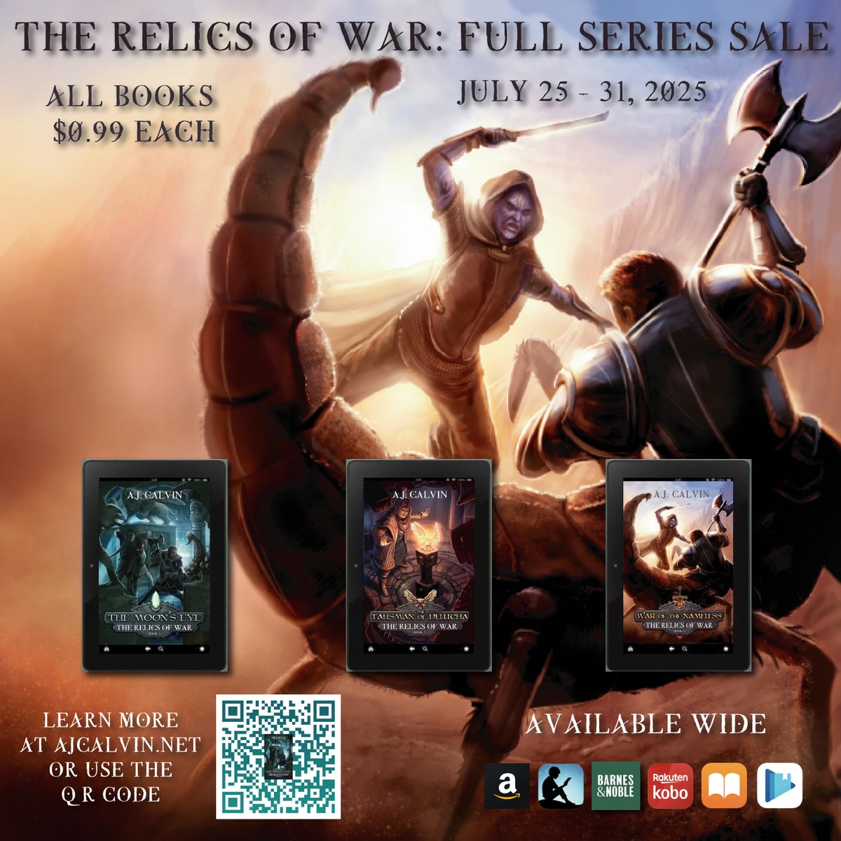 AJCalvin's tweet image. Like magic? Battles? Meddling gods? Scorpion Men??? 🦂
The Relics of War trilogy is on sale now through the end of the month! Details below: