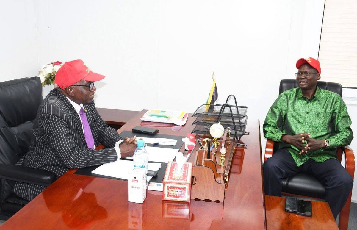 Cholatak's tweet image. Former SPLM Secretary General, Cde. Peter Lam Both, paid a courtesy and consultative visit to the newly appointed SPLM Secretary General, Cde. Prof. Paul Logale Jumi, at his office in Juba.