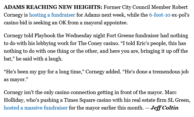 AmusingZillion's tweet image. Via @politico @JCColtin: The Coney casino lobbyist Robert Cornegy hosting fundraiser for Eric Adams while casino bid seeking OK from mayoral appointee (L). Via FB: Cornegy at Kaiser Park using Coney Island kids as "The Coney" casino billboards (R) #followthemoney @NoCasinoInConey
