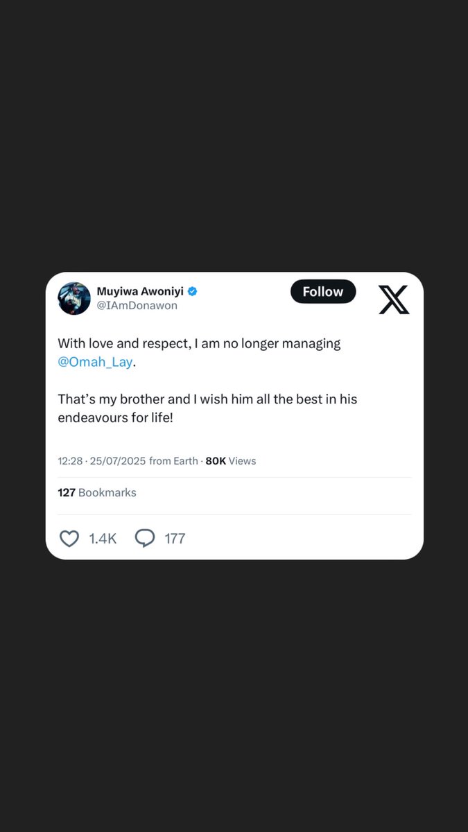 GrixMagazine's tweet image. Muyiwa Donawon, in a recent post on X announces he's no longer managing Omah Lay